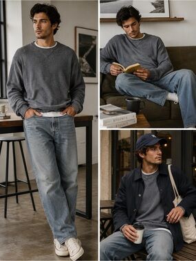 Cotton Cashmere Blend Sweater Gray Crewneck Men's Large Minimalist Quiet Luxury
